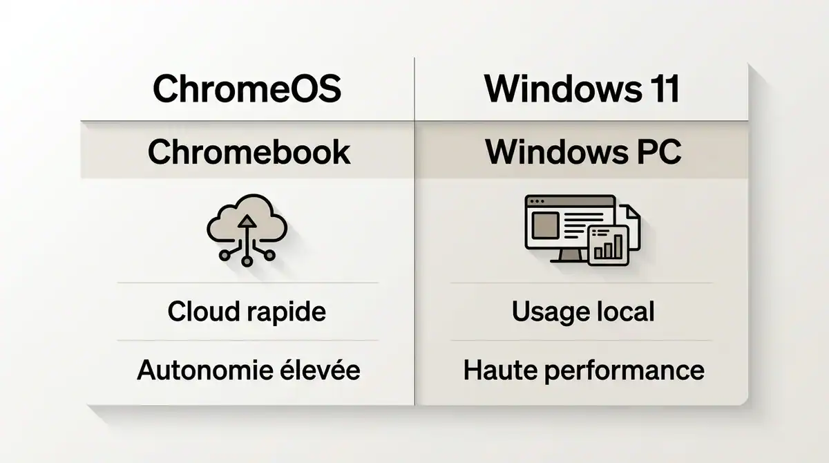 Infographie comparative entre Chromebook sous ChromeOS et PC Windows 11 pour bien choisir son ordinateur portable en 2026