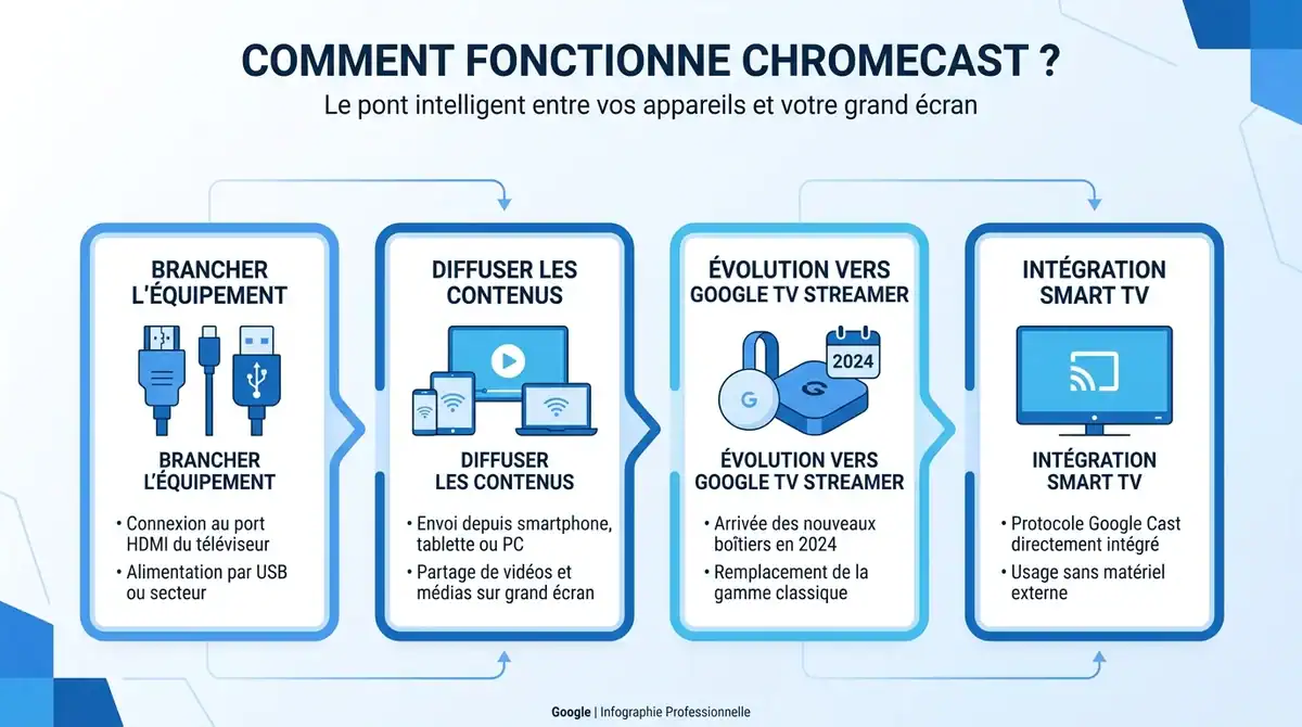 Infographie expliquant le fonctionnement de Google Chromecast et son évolution vers Google Cast et Google TV Streamer.