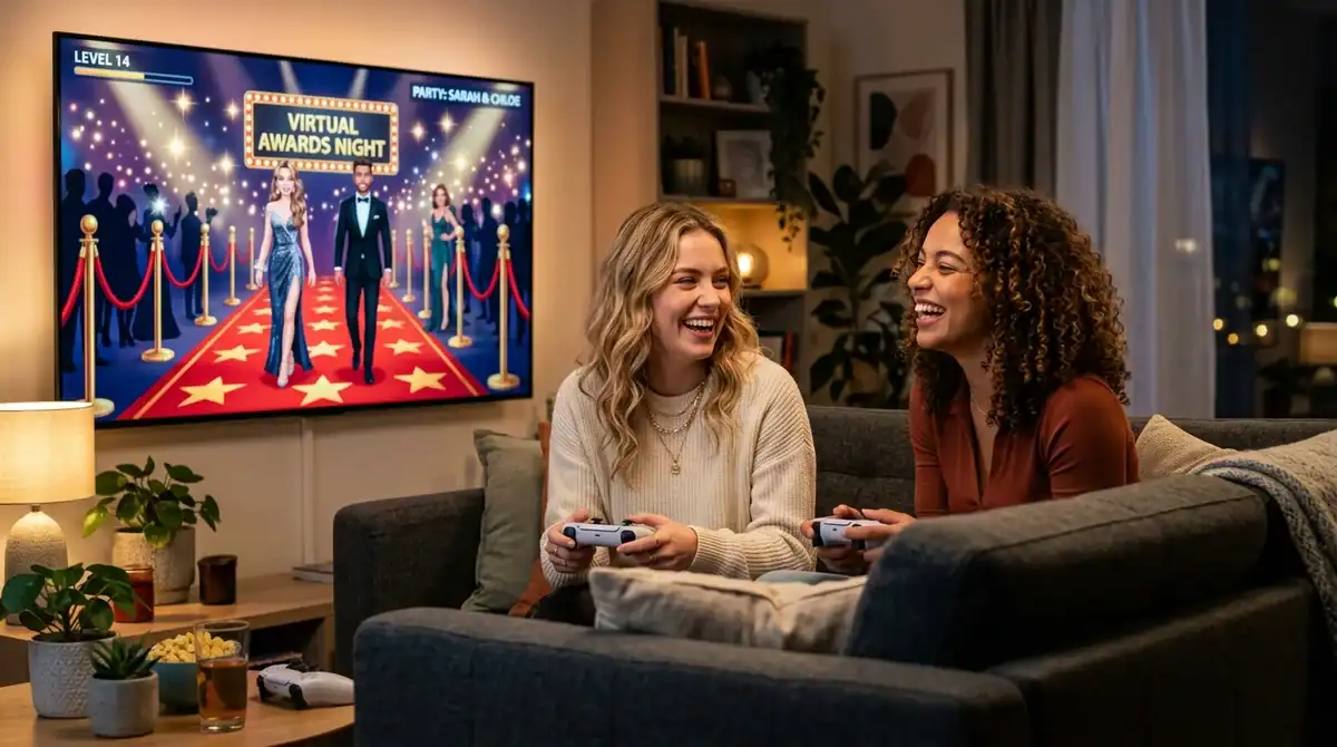 Deux amies jouent au jeu vidéo MovieStarPlanet sur un grand écran LED dans un salon moderne et chaleureux.