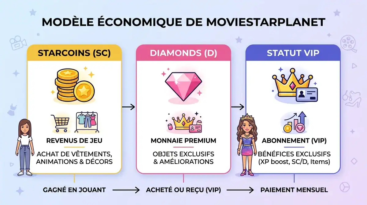 Infographie du modèle économique MovieStarPlanet 2026 : StarCoins, Diamonds et privilèges du statut VIP.