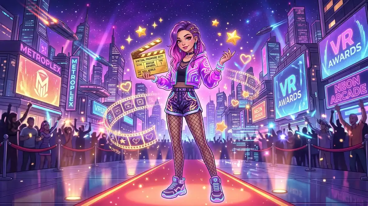 Avatar stylé de MovieStarPlanet sur un tapis rouge futuriste en 2026 avec un clap de cinéma et des étoiles dorées.
