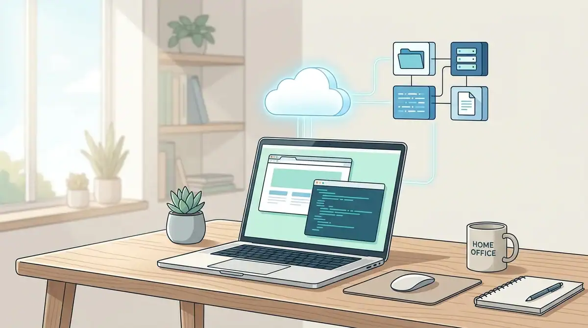Illustration minimaliste d'un Chromebook sur un bureau moderne symbolisant le stockage cloud et la rapidité en 2026.
