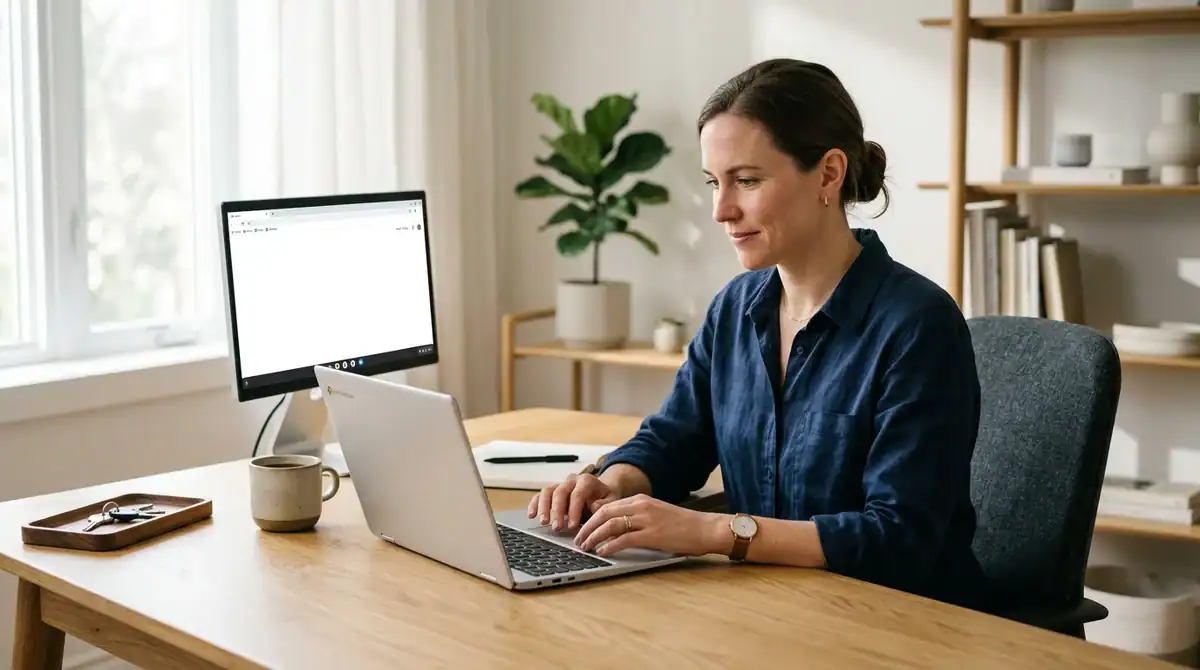 Un professionnel travaillant sur un ordinateur portable Chromebook dans un bureau moderne et lumineux.