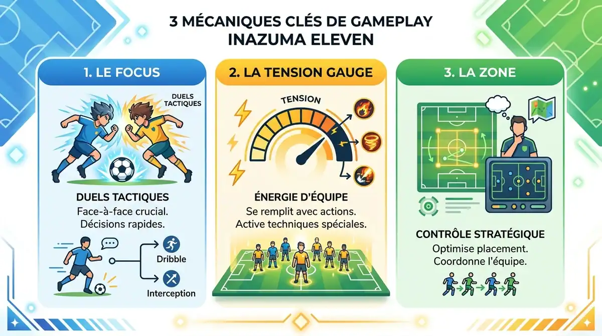 Infographie des 3 mécaniques de Inazuma Eleven Victory Road : Focus, Tension Gauge et Zone de contrôle.