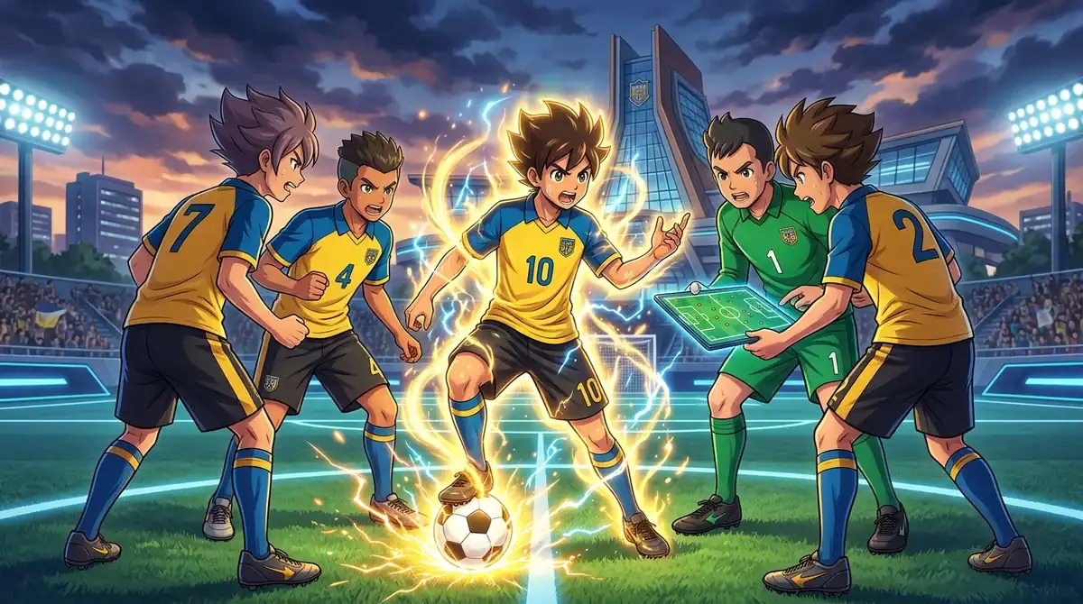 Illustration Inazuma Eleven Victory Road : joueurs de Nagumohara et système d'Eveil sur un terrain de foot futuriste.