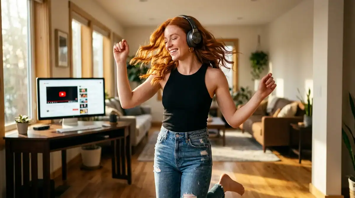 Femme avec casque profitant d'une vidéo YouTube téléchargée dans son salon, guide complet 2026.