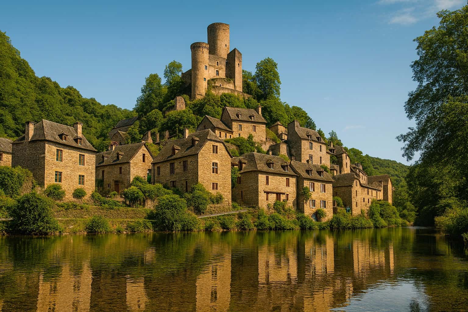 Le château de Belcastel dominant les maisons aux toits de lauze le long de la rivière Aveyron