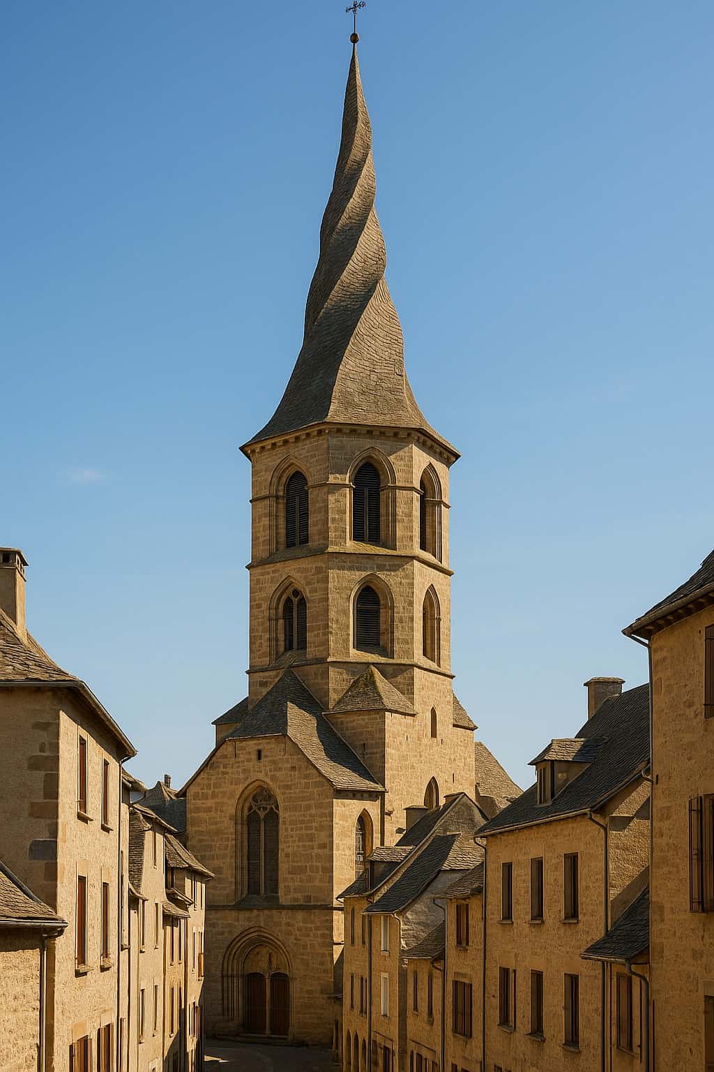Le clocher flammé (torsadé) de l'église de Saint-Côme-d'Olt, village médiéval de l'Aveyron.