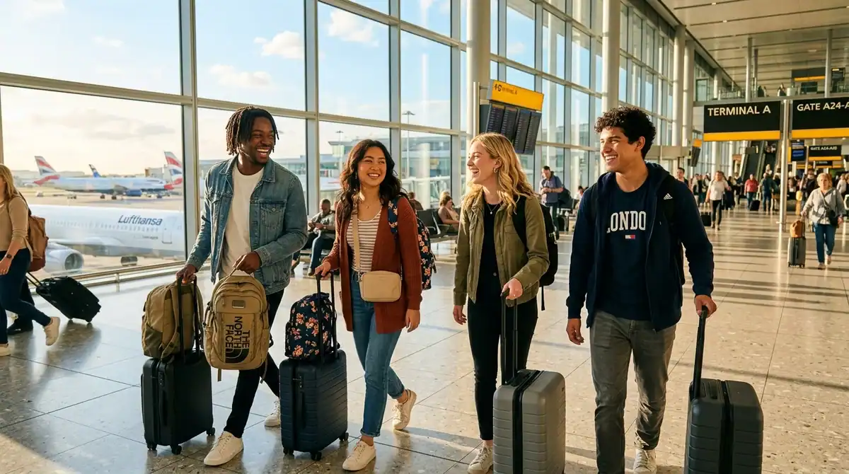 Voyageurs utilisant le traducteur IA DeepL 2026 dans un aéroport international moderne.