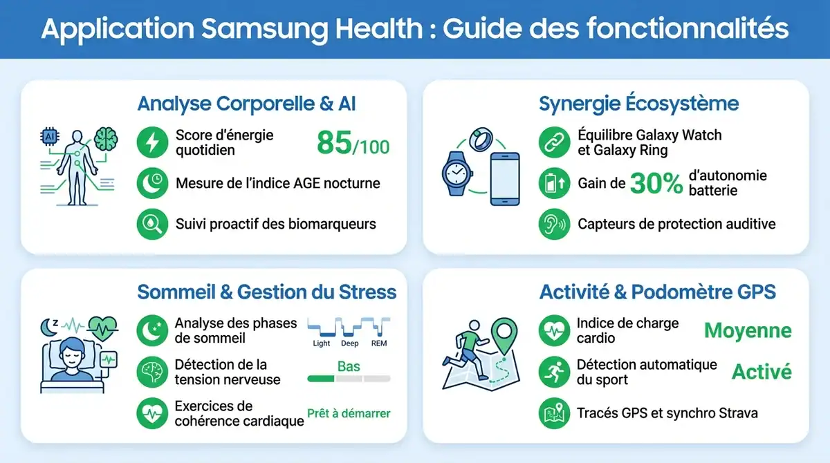 Infographie présentant les fonctionnalités clés et le tableau de bord de l'application Samsung Health.