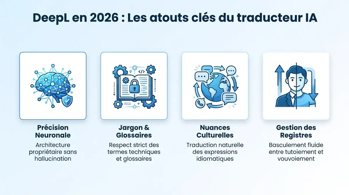 Infographie présentant les atouts clés de DeepL en 2026 : précision neuronale, jargon et nuances culturelles.