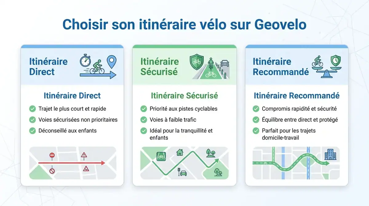 Infographie comparative des itinéraires direct, sécurisé et recommandé sur l'application mobile Geovelo.