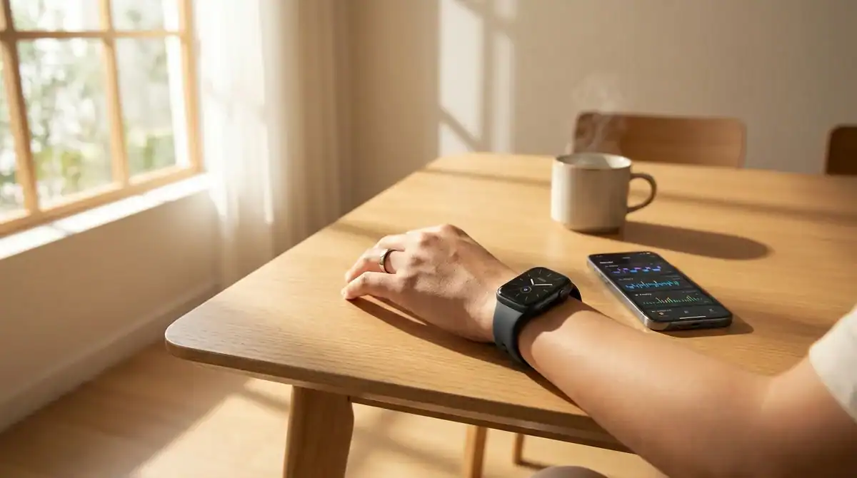 Personne portant une montre connectée Samsung Health au poignet, posé sur une table en bois dans une ambiance lumineuse.