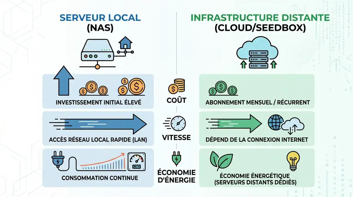 Infographie comparative : NAS vs Seedbox Cloud sur le coût, la vitesse et l'économie d'énergie en 2026.