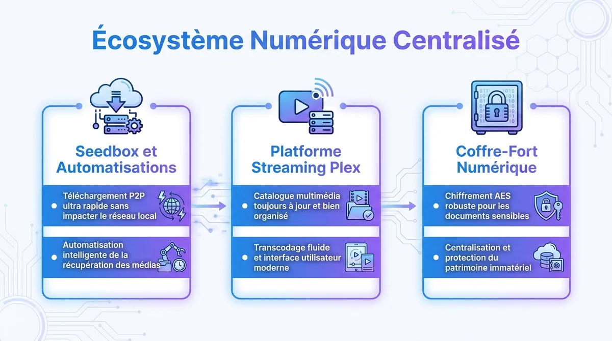 Infographie de l'écosystème numérique combinant Seedbox, Plex et coffre-fort numérique pour la sécurité et le divertissement.