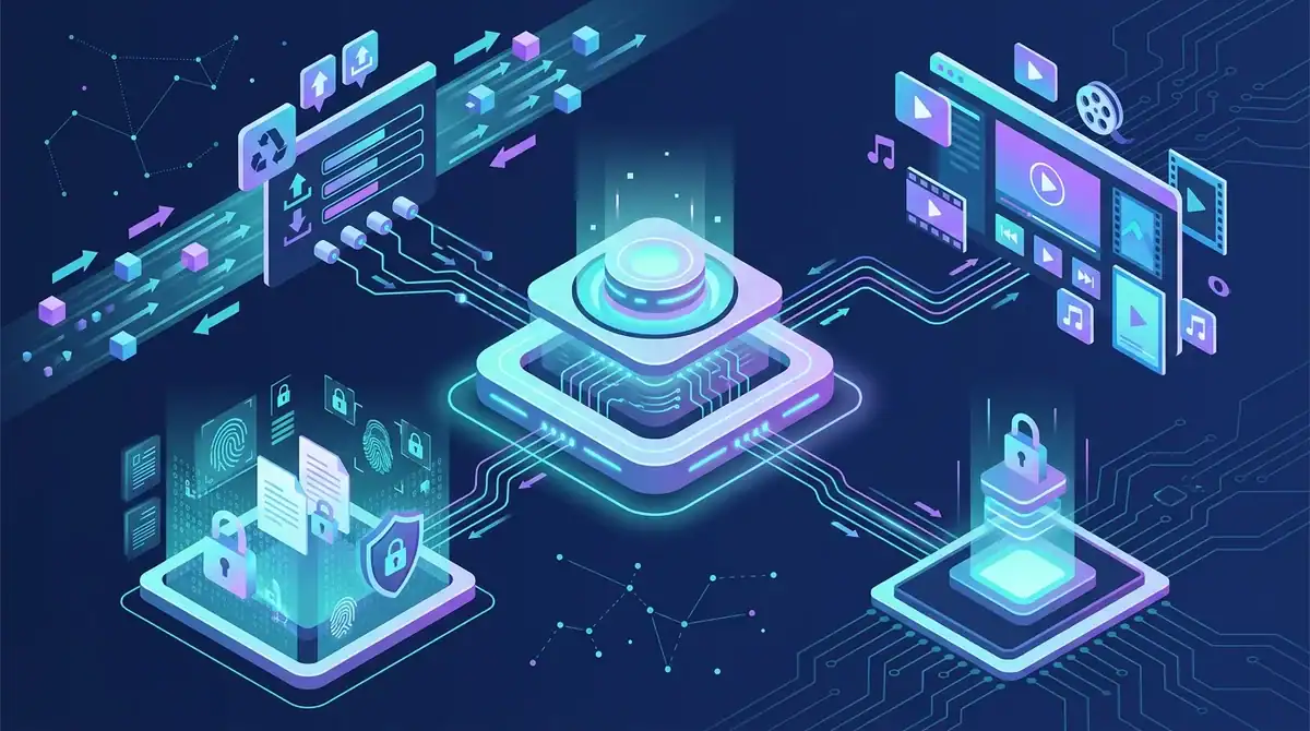 Illustration d'un écosystème cloud personnel 2026 avec Seedbox, streaming média et coffre-fort numérique sécurisé.