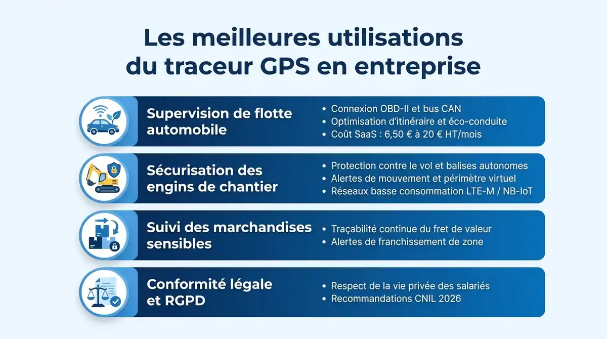 Infographie sur les utilisations des traceurs GPS en entreprise : gestion de flotte, securite chantier et conformite RGPD.
