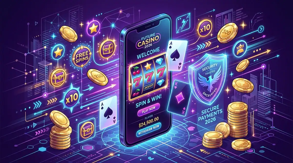 Illustration d'un casino en ligne populaire 2026 avec bonus, jetons d'or et interface mobile sécurisée.