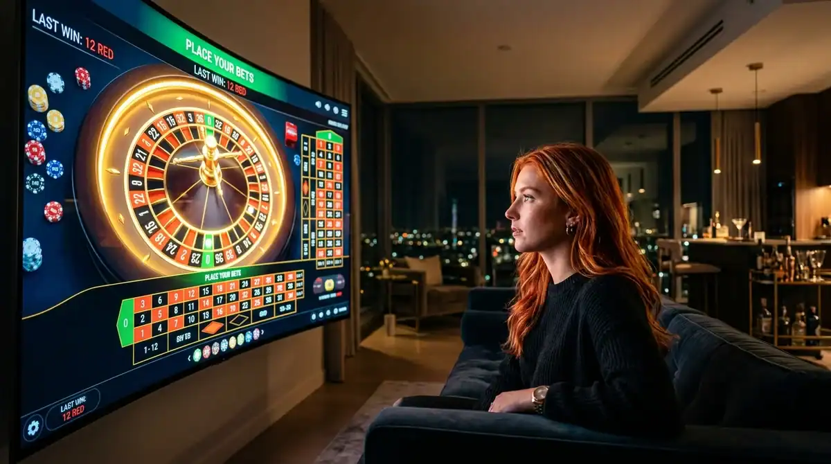 Femme rousse devant une roulette numérique illustrant les jeux de casino en ligne dans un intérieur moderne