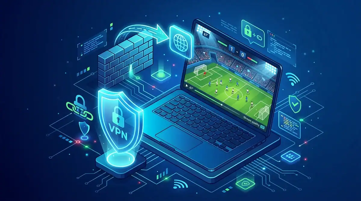 Illustration d'accès sécurisé via VPN à la nouvelle adresse Streamonsport pour le streaming de sport en direct.