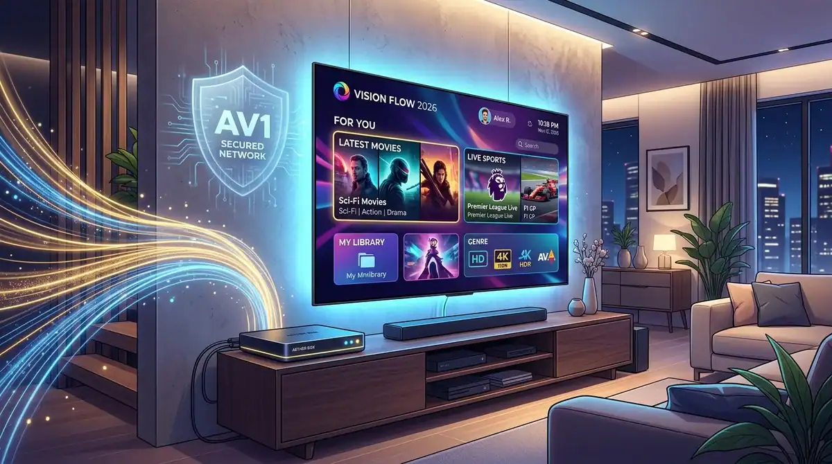 Illustration d'une interface IPTV futuriste en 2026 sur une TV ultra-fine avec boîtier de streaming et sécurité réseau.