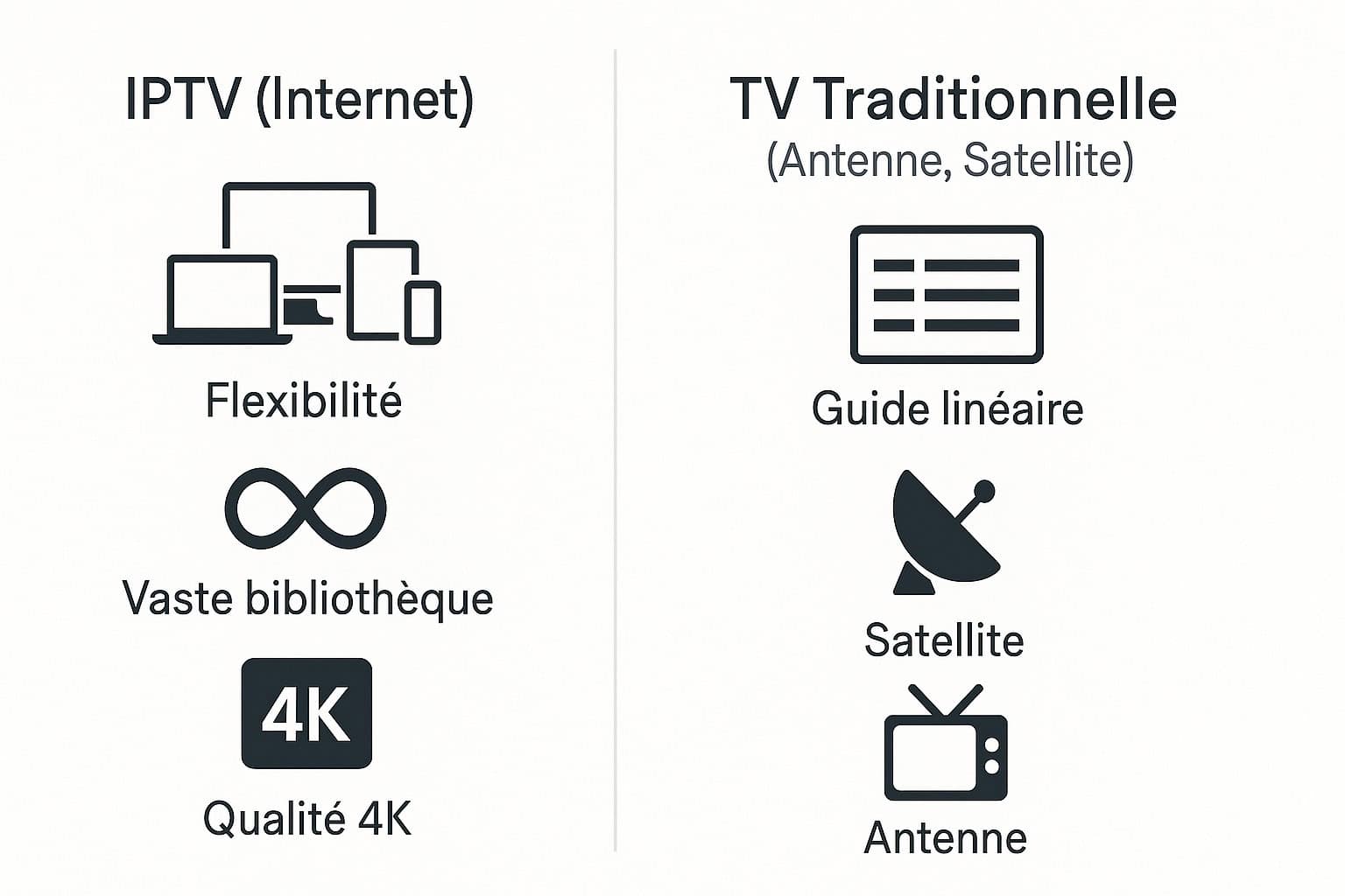 Infographie comparant les avantages de l'IPTV (flexibilité, choix) face à la télévision traditionnelle (TNT, satellite)