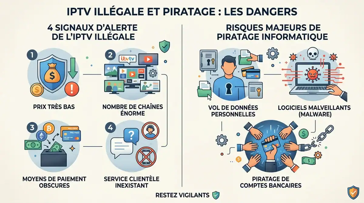 Infographie illustrant les 4 signaux d'alerte de l'IPTV illégale et les risques de piratage informatique.