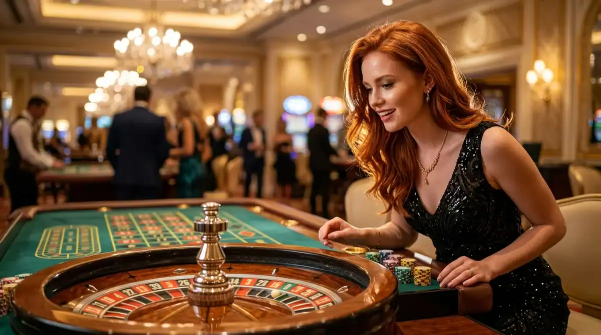 Femme jouant à la roulette dans un casino luxueux, illustration pour apprendre à jouer aux jeux de casino.