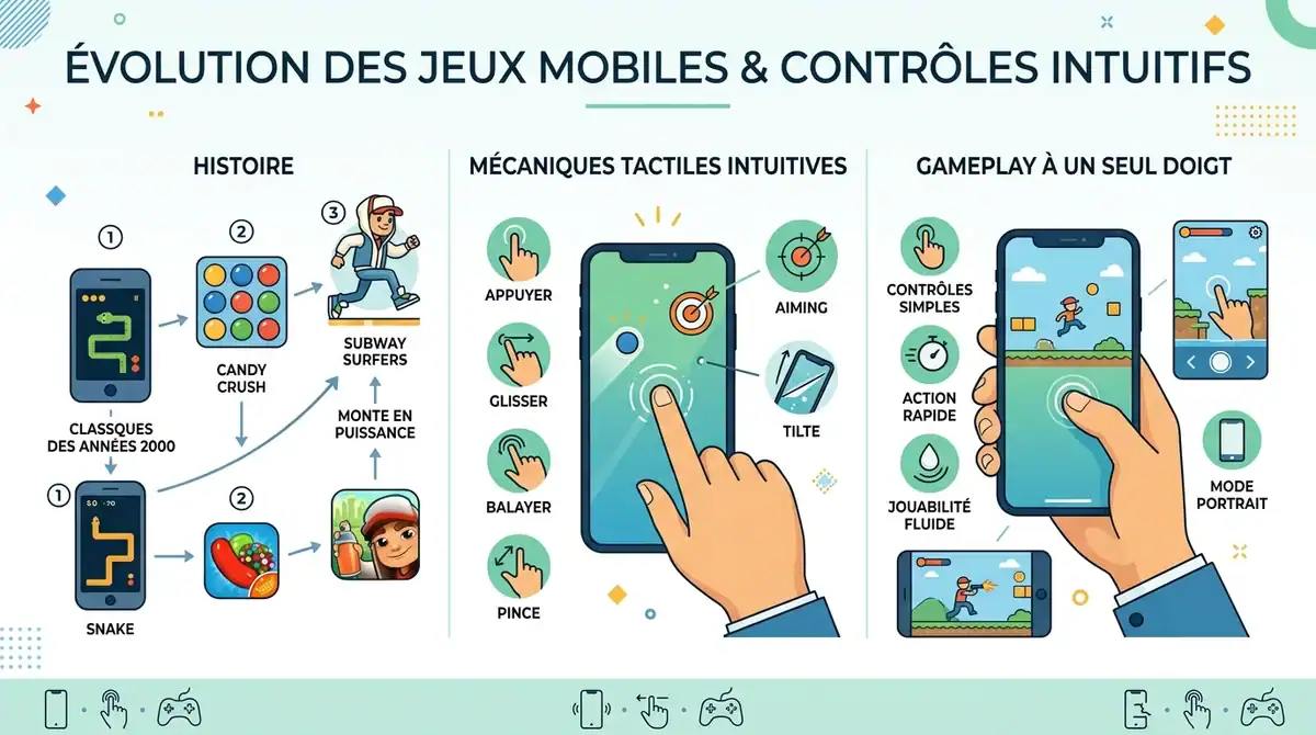 Infographie illustrant l'évolution des vieux jeux mobiles cultes et le gameplay tactile intuitif à un doigt en 2026.