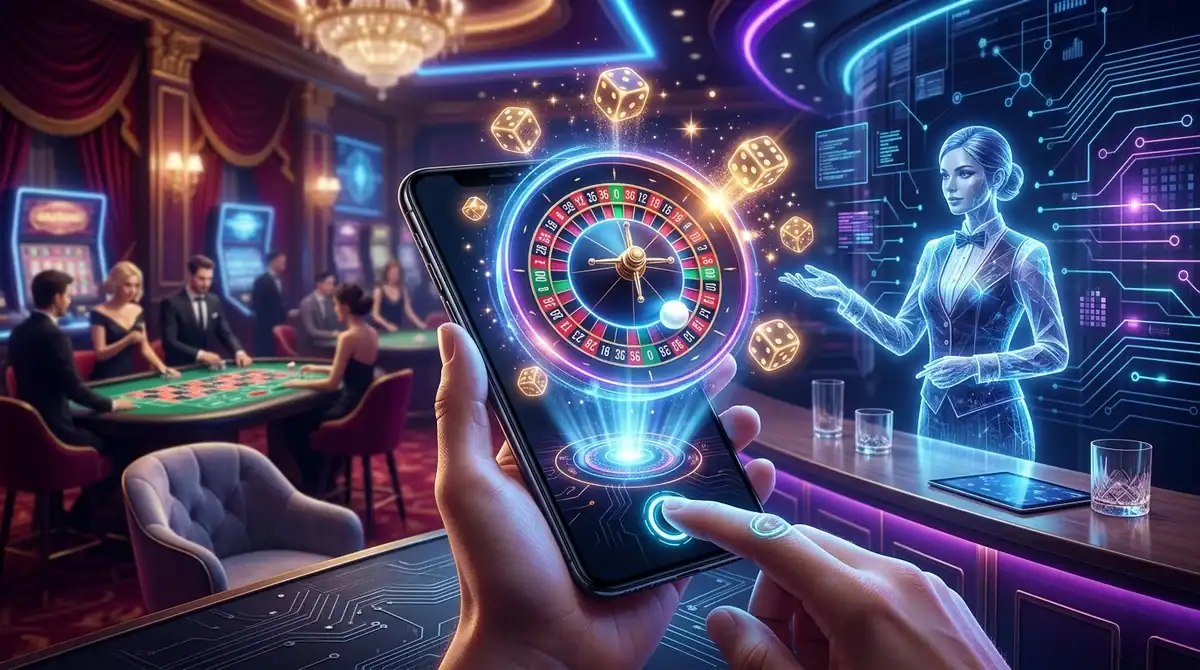 Illustration futuriste d'un smartphone projetant une roulette holographique pour le guide des jeux de casino 2026.