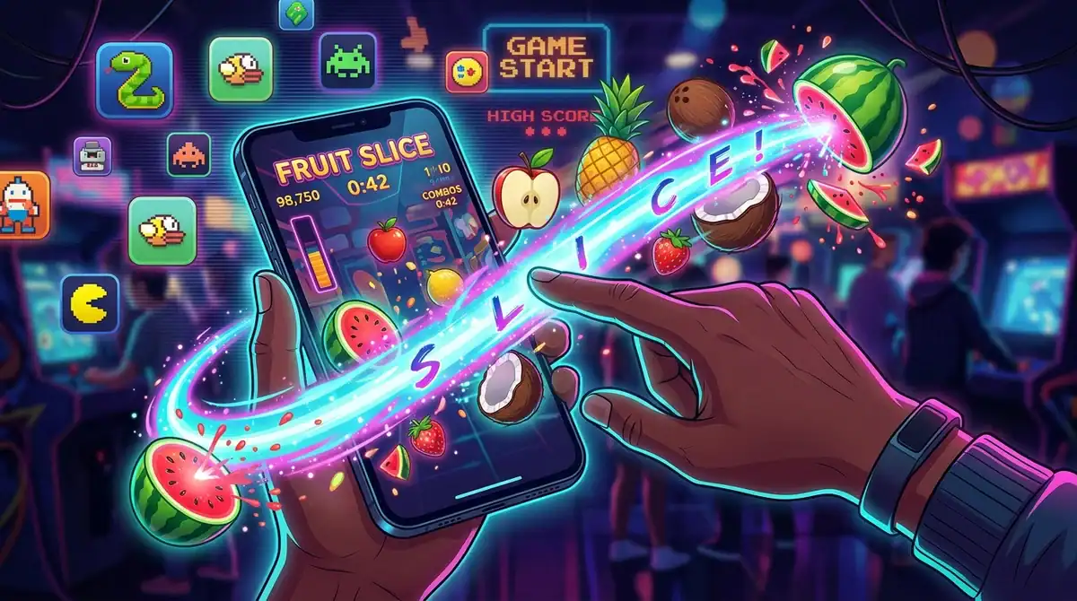 Illustration néon d'un smartphone tranchant des fruits, rappelant les vieux jeux mobile cultes et le retro gaming.