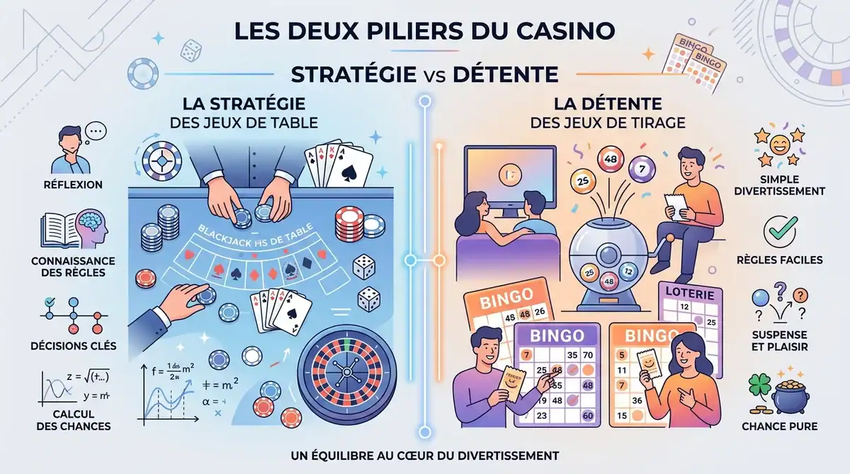 Infographie comparant la stratégie des jeux de table et la détente des jeux de tirage au casino.