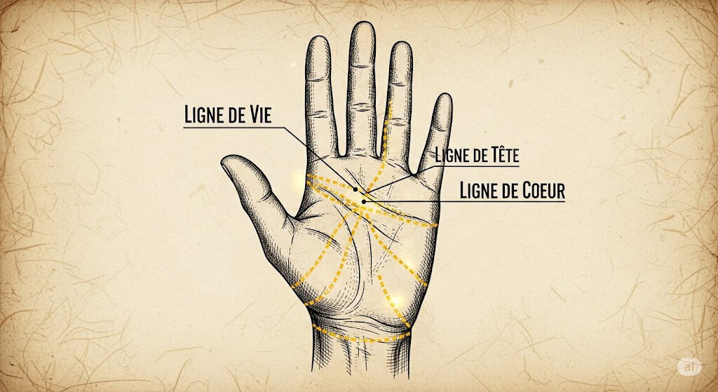 Illustration de chiromancie montrant les lignes de la main (vie, tête, cœur) pour interprétation