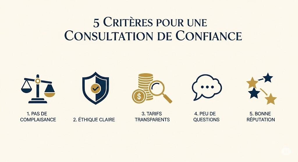 Infographie listant les 5 critères pour reconnaître une voyante sérieuse et de confiance