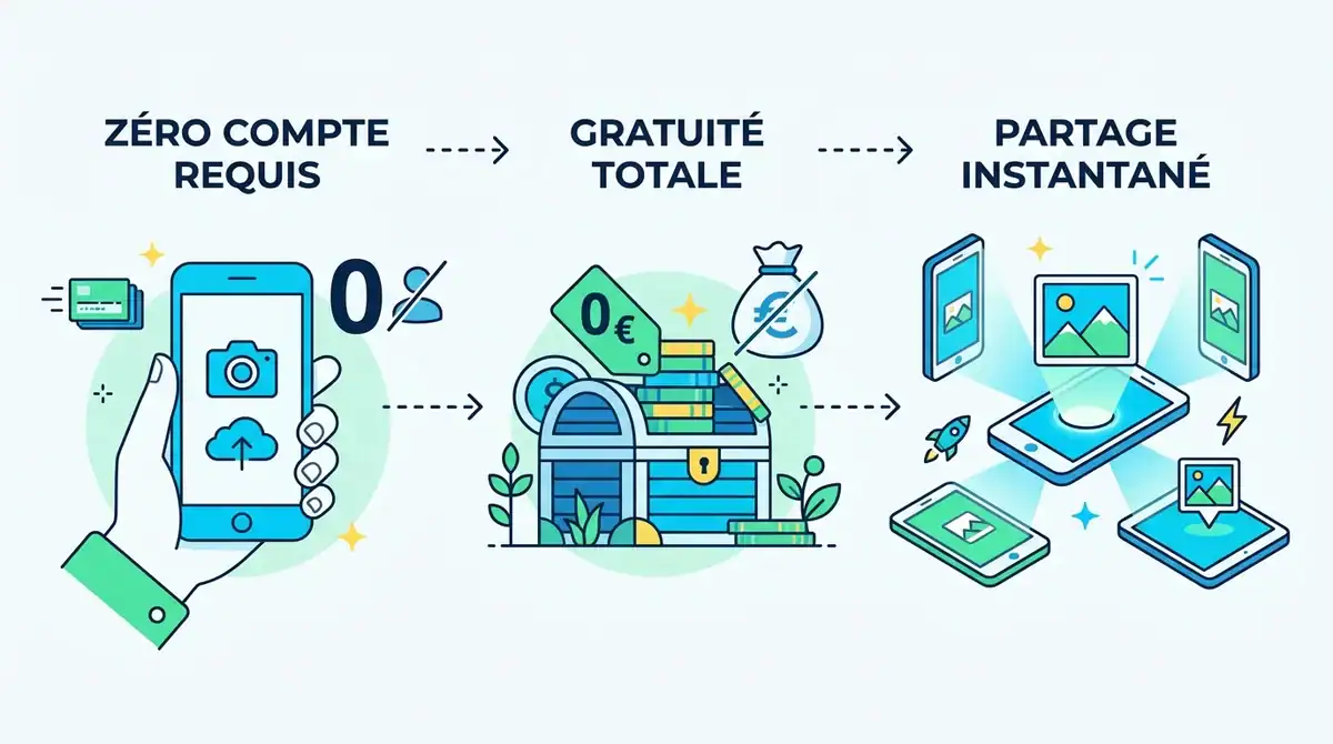 Infographie ZUPImages : stockage d'images gratuit sans compte et partage instantané simplifié.