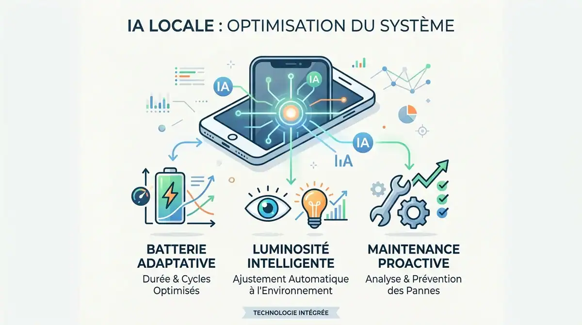 Infographie : IA locale Android optimisant la batterie et la maintenance via Device Health Service en 2026.