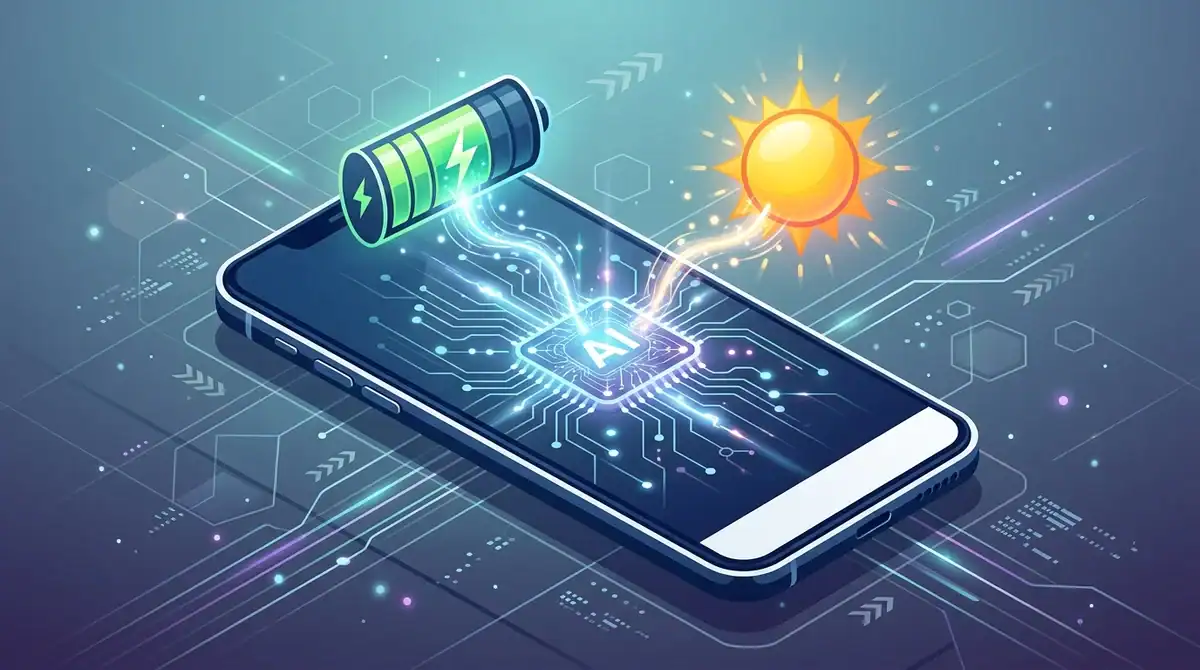 Illustration IA de Device Health Service sur Android optimisant la batterie et la sécurité du smartphone en 2026.