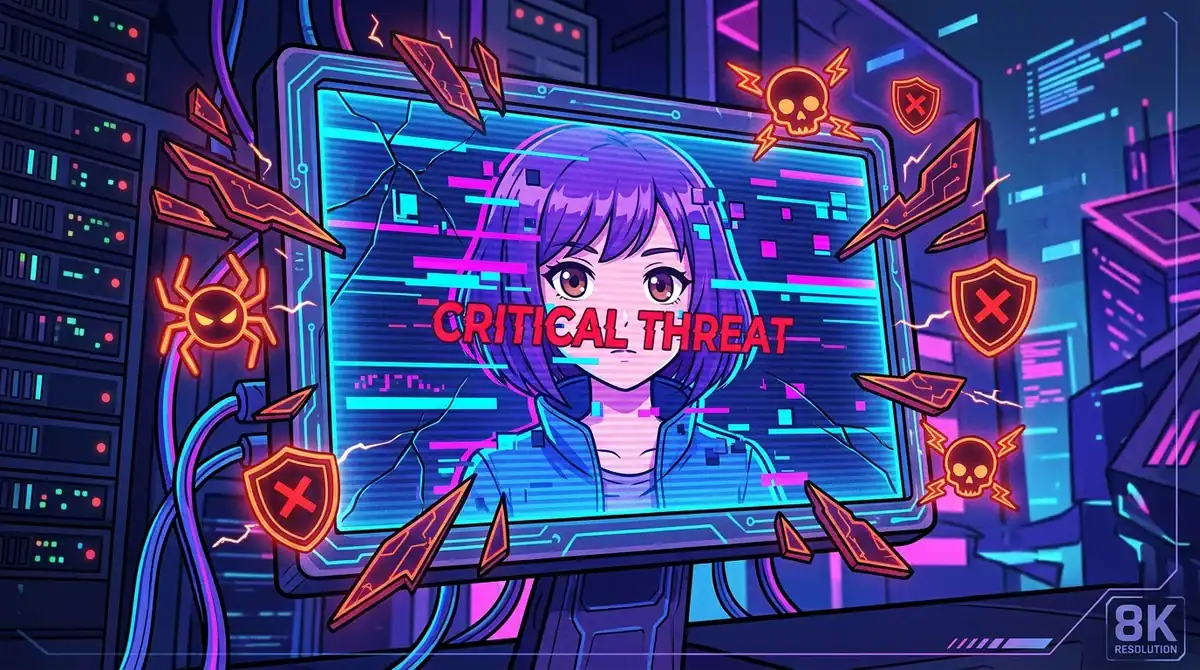 Illustration des risques de virus on Voiranime : écran glitché avec icônes de menaces informatiques et malware.