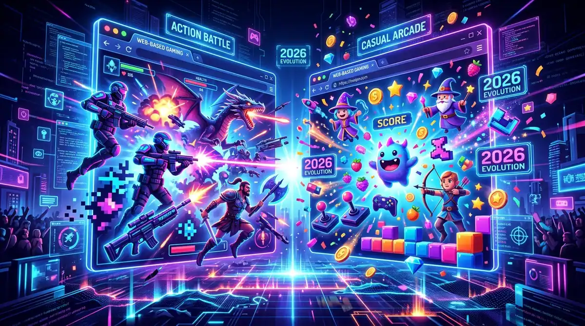 Illustration 3D du duel CrazyGames vs Poki : portails de jeux vidéo en ligne futuristes dans une arène digitale en 2026.