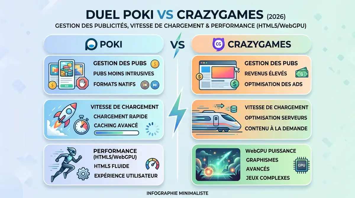 Infographie comparative CrazyGames vs Poki 2026 : performance WebGPU, vitesse et gestion des publicités.
