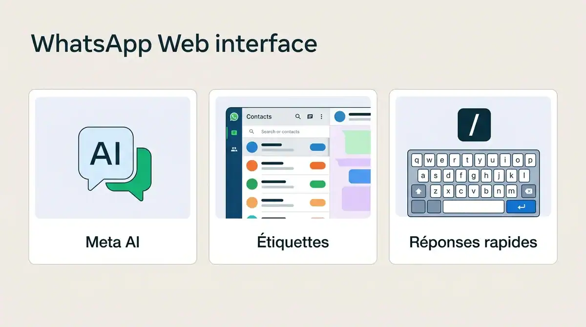 Infographie WhatsApp Web 2026 : Meta AI, gestion des étiquettes et raccourcis pour une utilisation professionnelle.