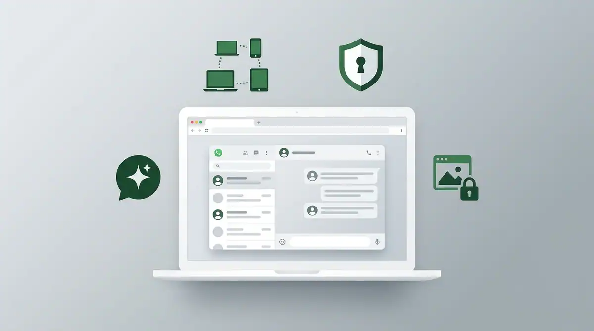 Illustration conceptuelle de WhatsApp Web 2026 : IA, sécurité, chiffrement et connectivité multi-appareils sur ordinateur.