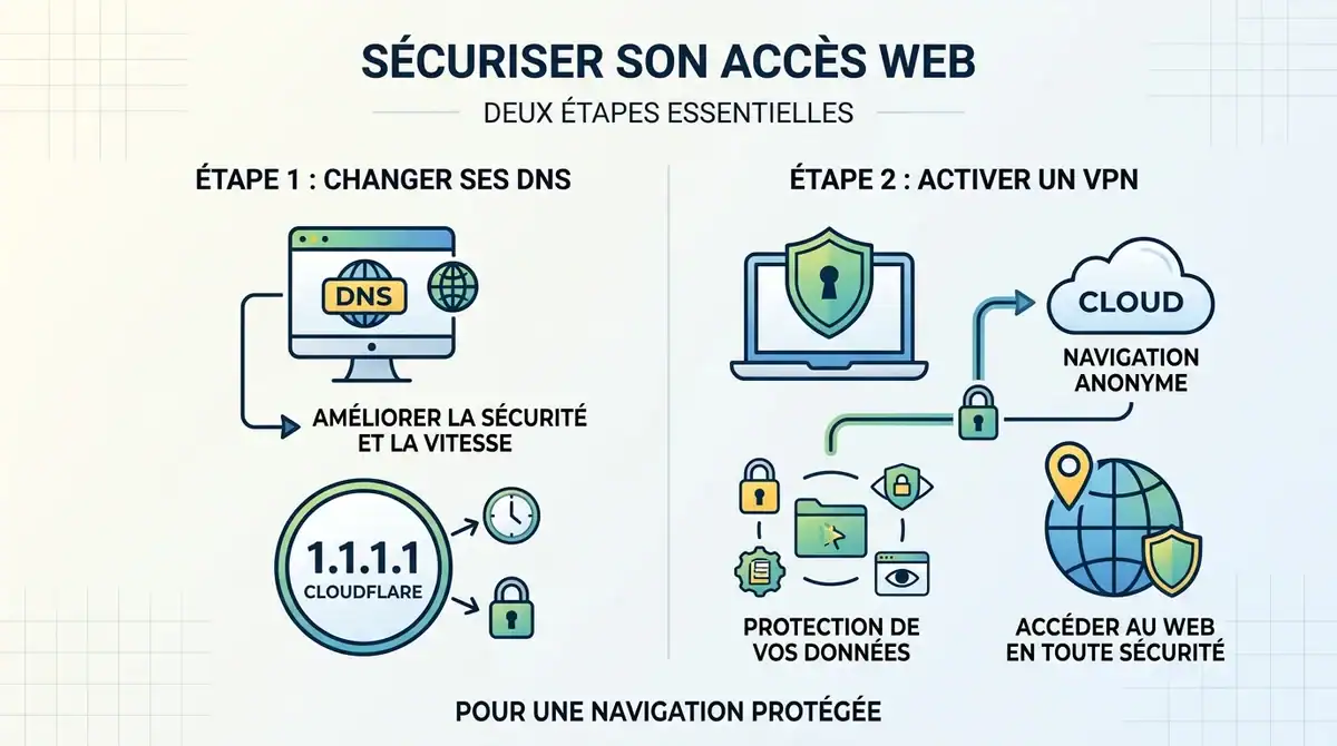 Infographie sécurité : changer DNS 1.1.1.1 et VPN pour naviguer anonymement sur Anime Sama en 2026.