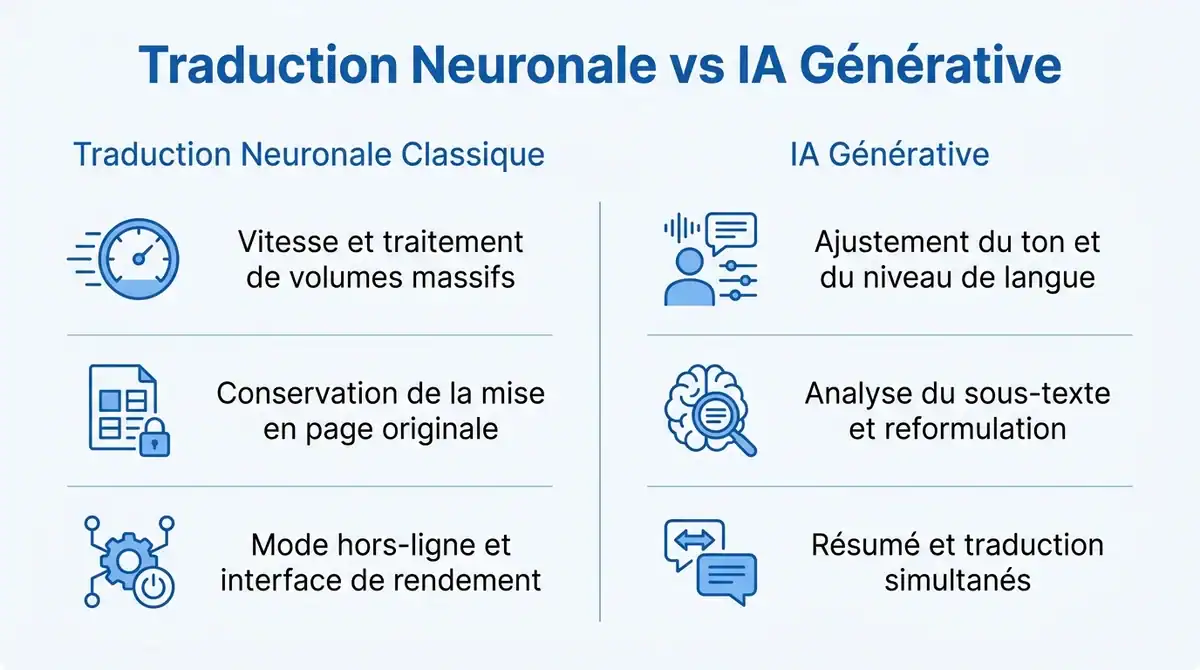 Infographie comparative entre la traduction neuronale classique et l'IA générative pour la traduction.