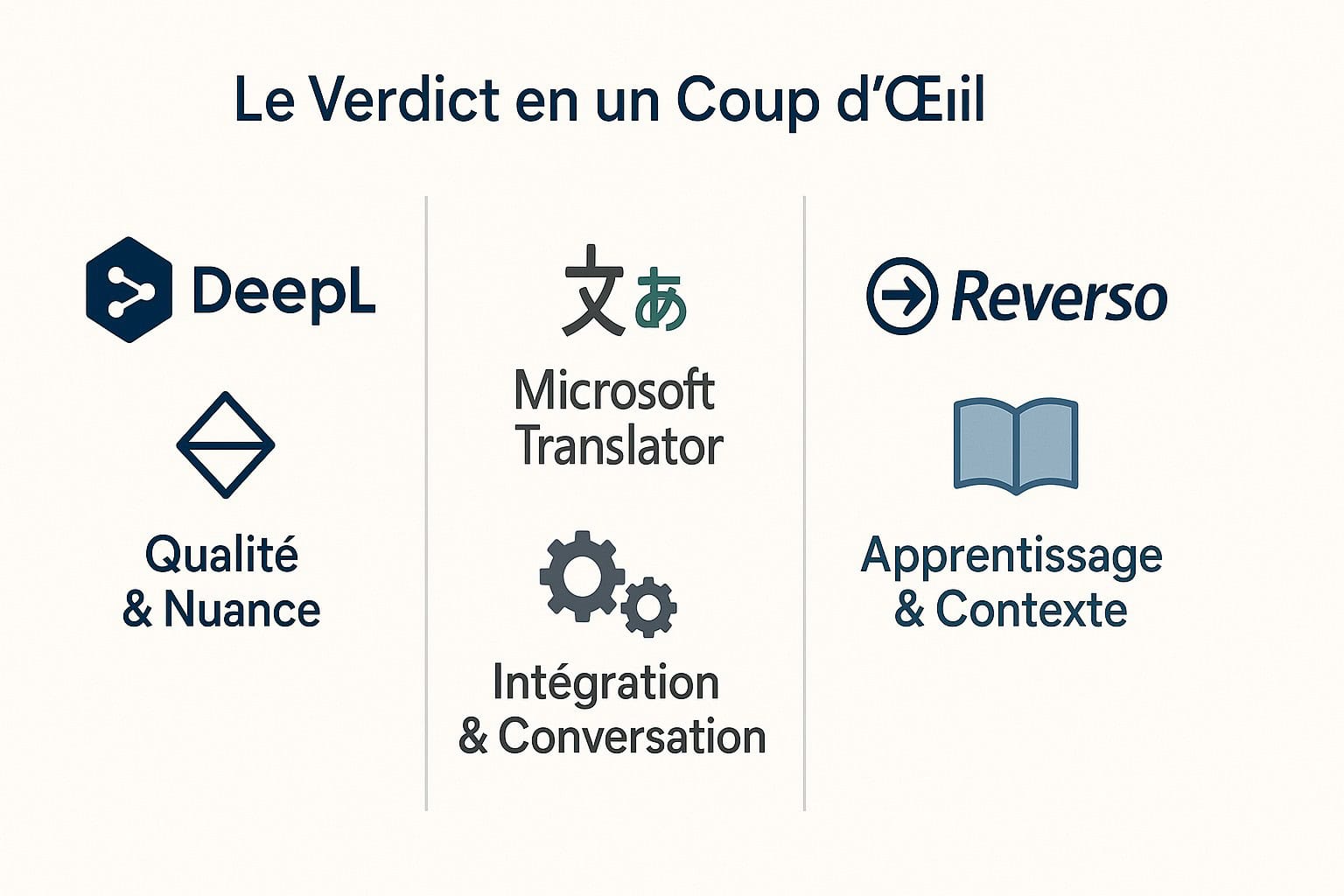 Tableau comparatif des forces de DeepL (qualité), Microsoft Translator (intégration) et Reverso (apprentissage)