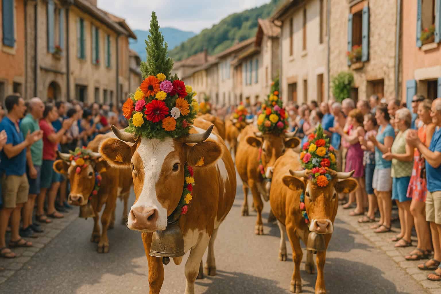 Troupeau de vaches décorées de fleurs lors de la fête de la Transhumance à Seix, une tradition vivante du Haut-Couserans.