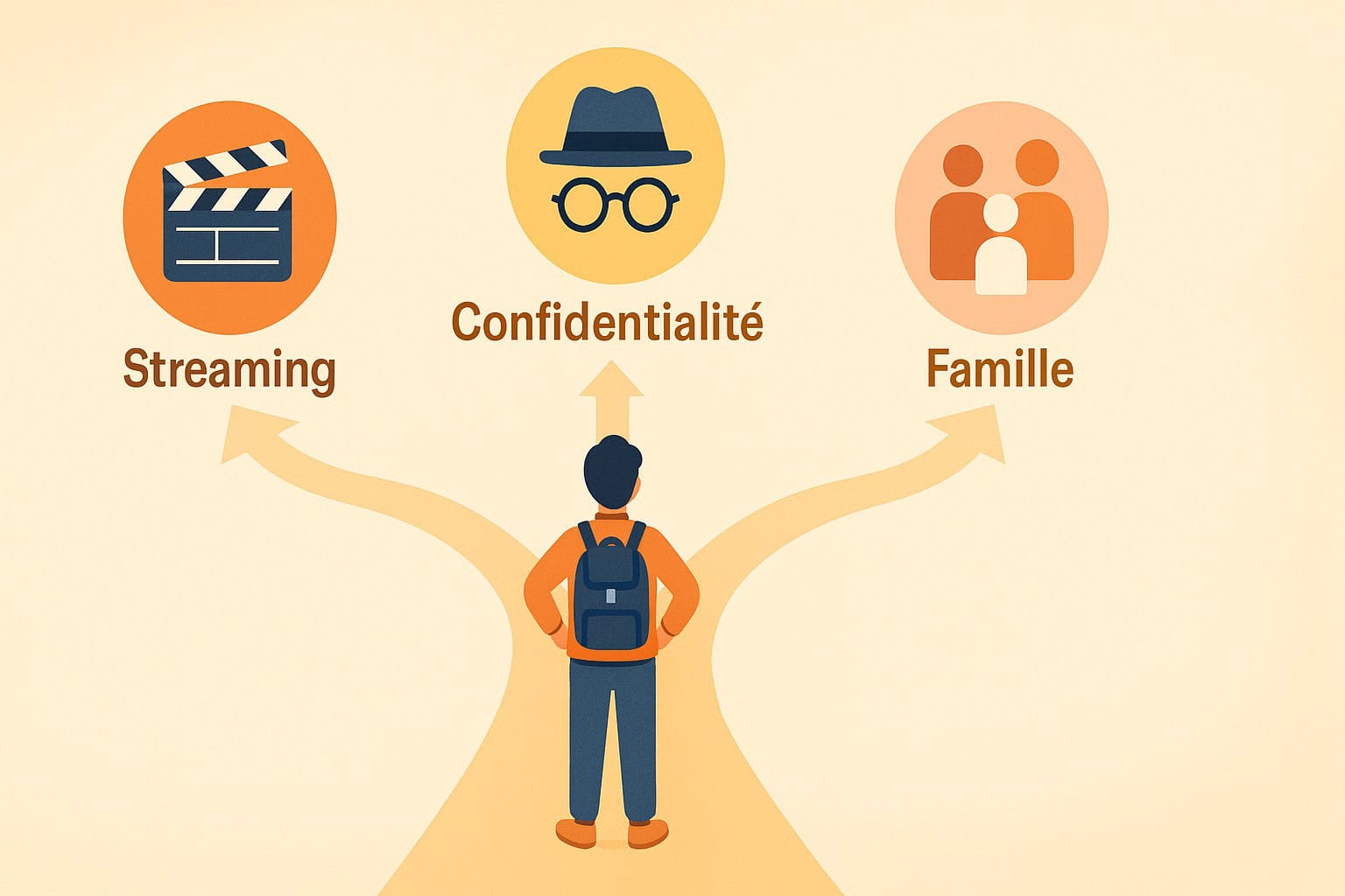 Illustration d'une personne choisissant son VPN idéal en fonction de ses besoins : streaming, confidentialité ou usage familial