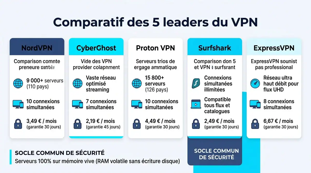 Tableau comparatif des 5 meilleurs VPN : serveurs, prix mensuel et fonctionnalités de sécurité.