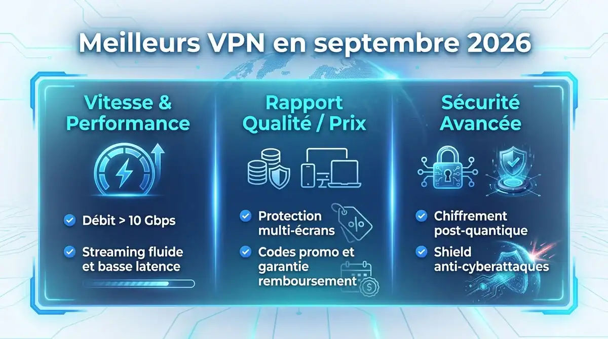 Infographie comparative des meilleurs VPN en septembre 2026 : vitesse, prix et chiffrement post-quantique.