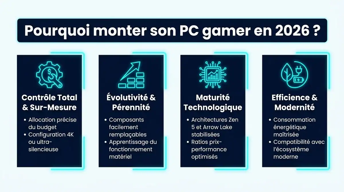 Infographie resumant les avantages de monter son PC gamer en 2026 : controle, evolutivite et maturite technologique.